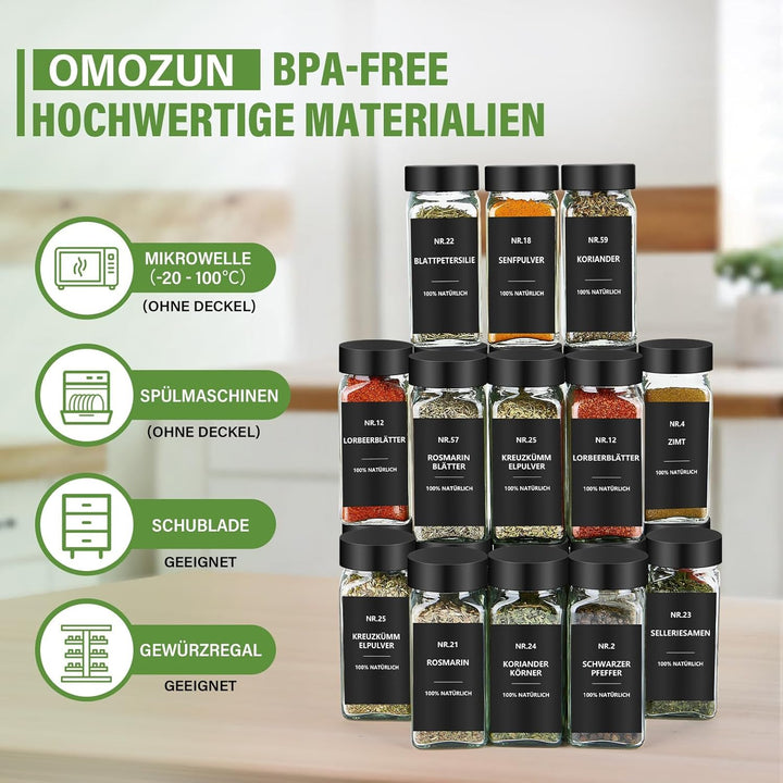Gewürzgläser Eckig mit Etiketten Set 12er: Kleine Gewürzdosen Glas 120ml mit Streueinsatz Wasserfest