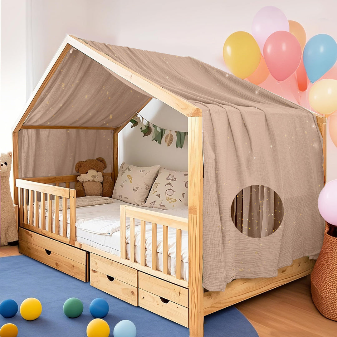 Home Bettbezug mit Goldener Applikation, handgefertigt aus 100% Baumwoll-Musselin, Stoffhimmel für d