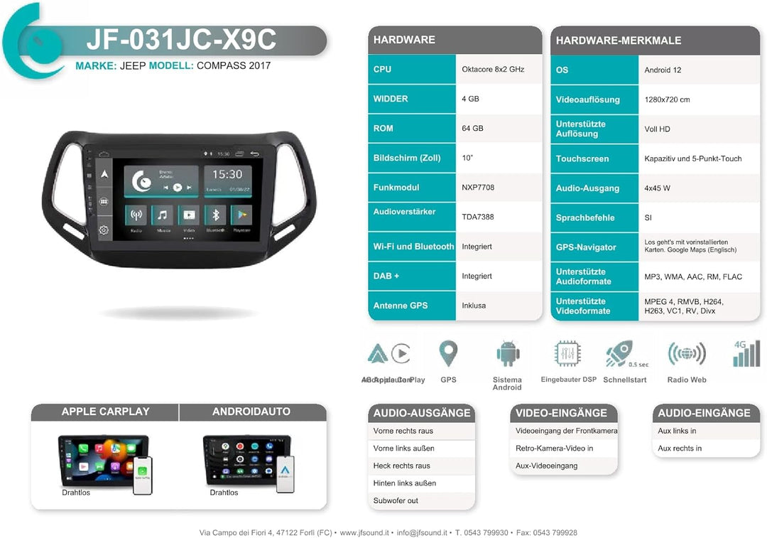 Personalisiertes Autoradio für Jeep Compass Android GPS Bluetooth WiFi USB DAB+ Touchscreen 10" 8cor
