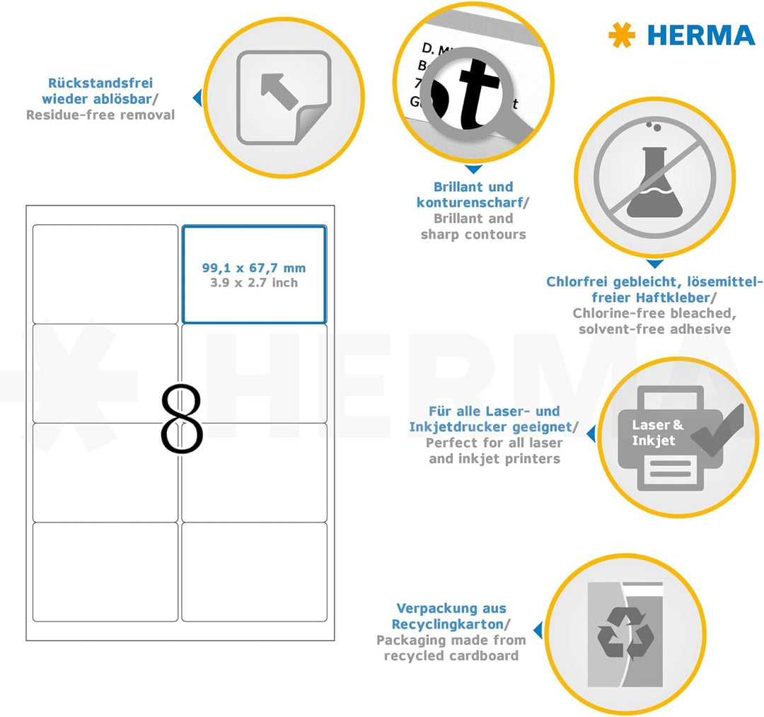 HERMA 10312 Universal Etiketten blickdicht ablösbar, 100 Blatt, 99,1 x 67,7 mm, 8 Stück pro A4 Bogen