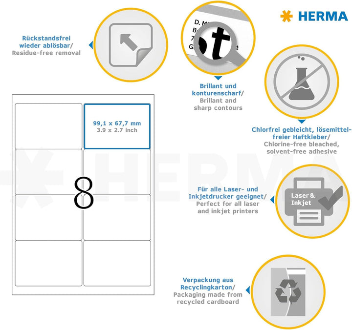 HERMA 10312 Universal Etiketten blickdicht ablösbar, 100 Blatt, 99,1 x 67,7 mm, 8 Stück pro A4 Bogen