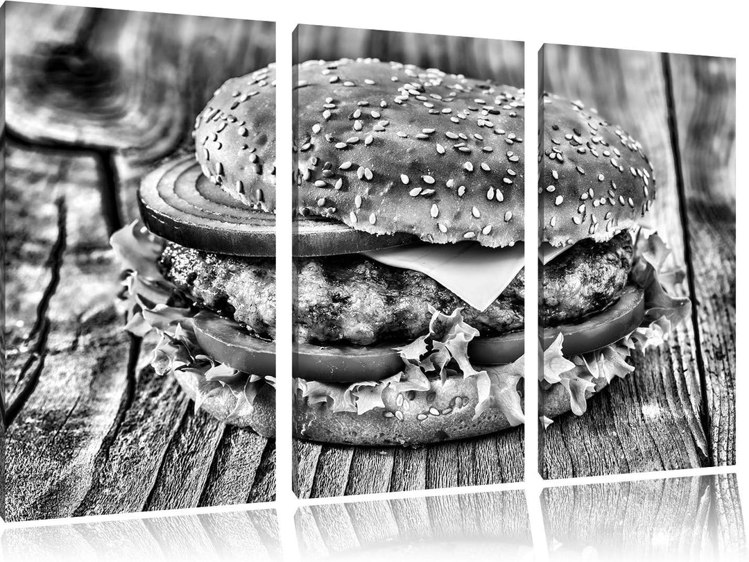 Pixxprint Monocrome, Leckerer Cheeseburger 3-Teiler Leinwandbild 120x80 Bild auf Leinwand