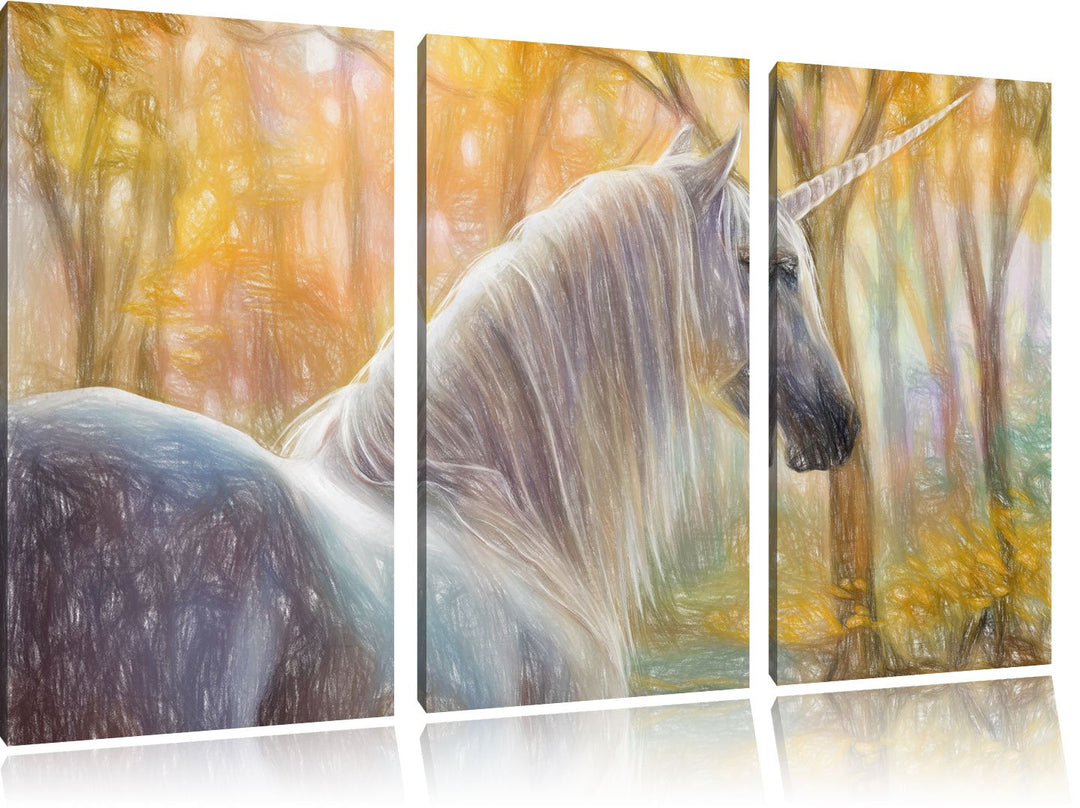 Pixxprint Einsames Einhorn im Wald als Leinwandbild/Grösse: 3 Teilig (120x80 cm) cm/Wandbild/Kunstdr