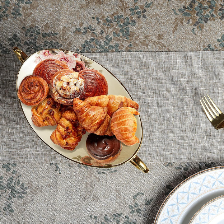fanquare Blumen Keramik Dessertschale, Vintage Snackteller, Porzellan Obstschale mit Fuss für Mittag
