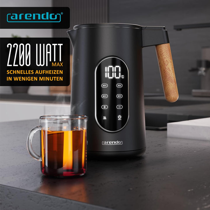 Arendo - Edelstahl Wasserkocher mit Temperatureinstellung 40-100°C - Doppelwand Design Cool Touch -