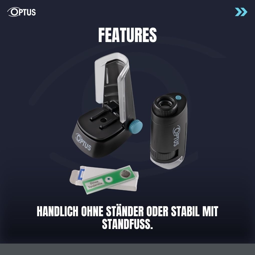 Optus Taschenmikroskop mit LED Beleuchtung, 40x-120x Vergrösserung, Standfuss & Objektklemmen - Komp