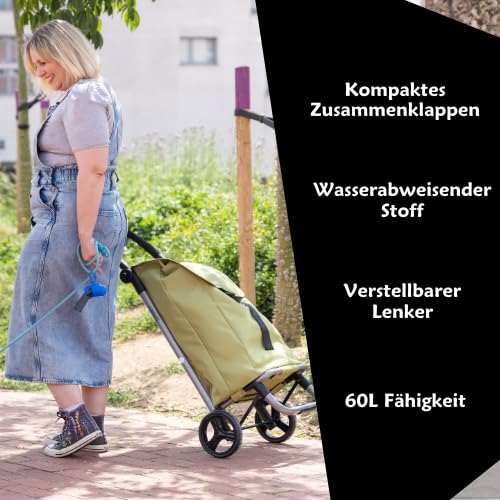 Carlett Einkaufstrolley mit 4 Rädern, faltbar, mit erweiterbarer und Abnehmbarer 60-L-Tasche, bis 25