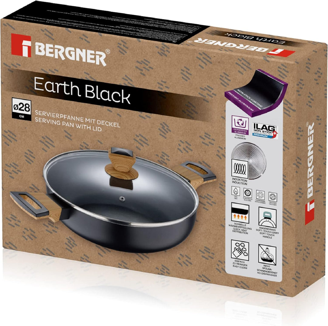 BERGNER Earth Black - Niedriges Kochen 28 cm mit Deckel - aus Aluminium gepresst mit ergonomischen H