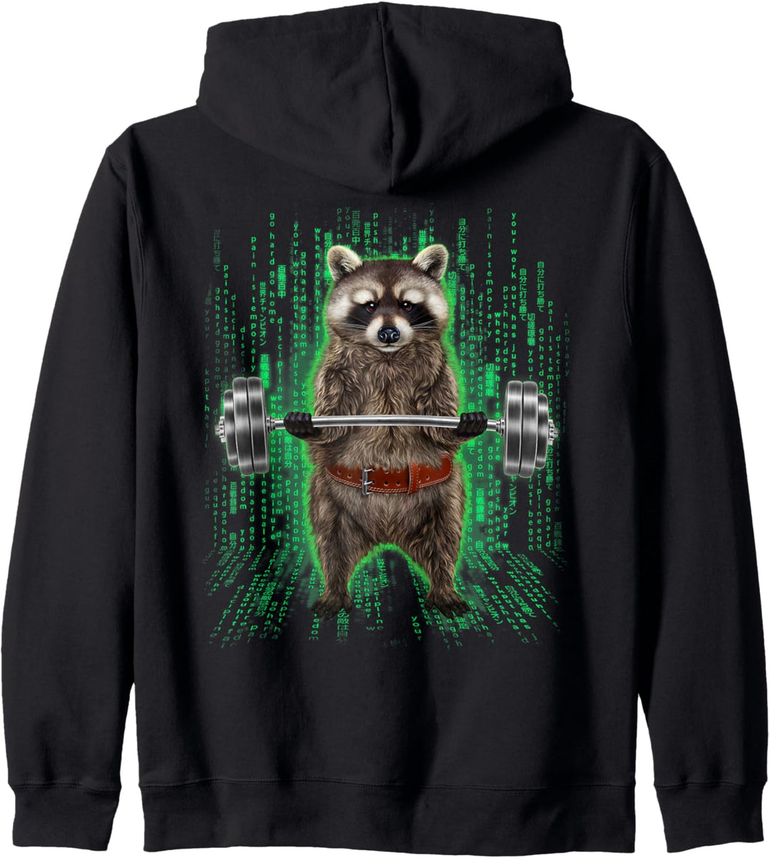 Waschbär, der Gewichte im Cyber-Fitnessstudio hebt Kapuzenjacke