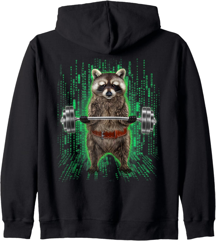 Waschbär, der Gewichte im Cyber-Fitnessstudio hebt Kapuzenjacke