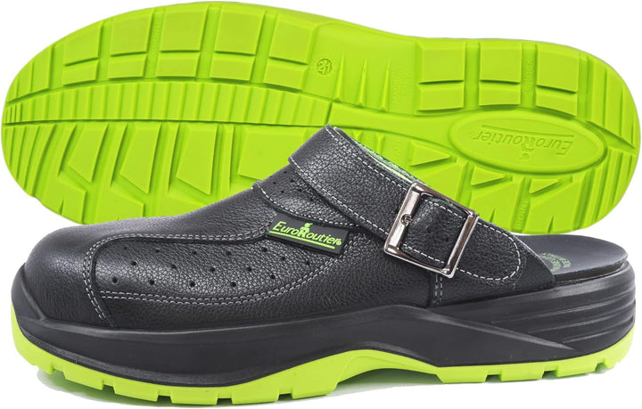 EUROROUTIER Premium Fenix Black Echtes Leder, Clogs, Sicherheitsschuhe, zertifiziert SB A-E-FO SRC,