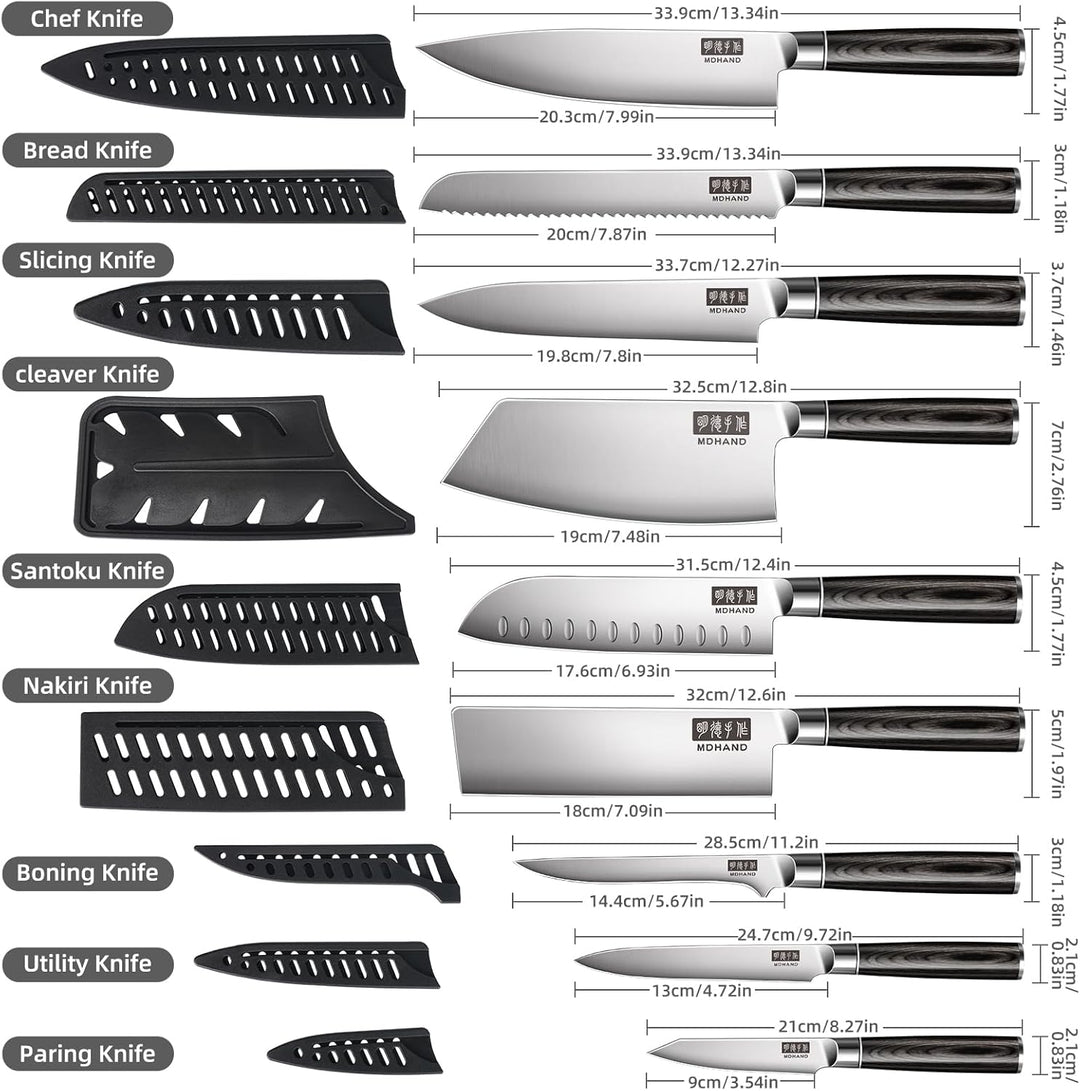 MDHAND Messerset mit Nylon Rolltasche, 10-tlg Scharfe Küchenmesser Set aus Edelstahl in Mehreren Grö