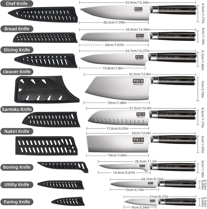 MDHAND Messerset mit Nylon Rolltasche, 10-tlg Scharfe Küchenmesser Set aus Edelstahl in Mehreren Grö
