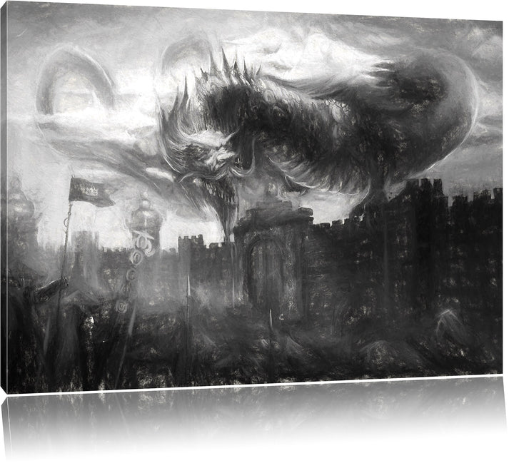 Pixxprint Drache über der Festung als Leinwandbild/Grösse: 100x70 / Wandbild/Kunstdruck/fertig bespa