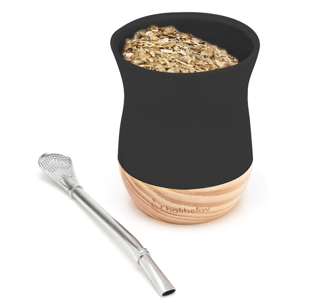 BALIBETOV Traditionelle Yerba Mate Tasse und Bombilla-Set, Keramik, 237 ml, mit Holzboden, inklusive