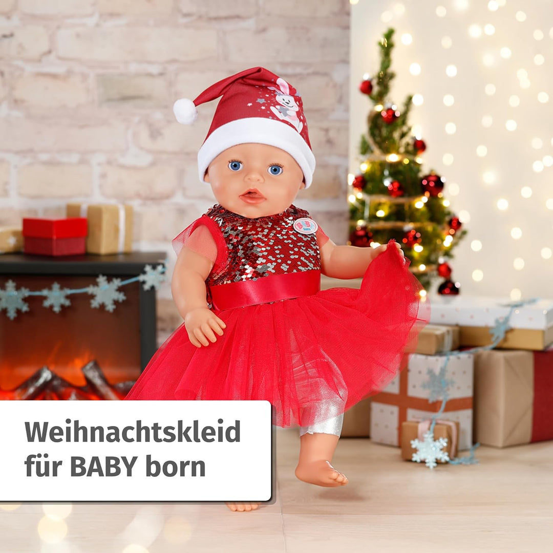 BABY born Weihnachtsoutfit 43cm, Weihnachtskleid mit Pailletten, Leggings und Weihnachtsmütze für 43