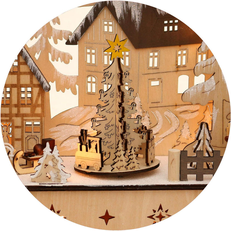 Dekohelden24 LED Holz Schwibbogen mit bewegtem Weihnachtsbaum, Motiv: Weihnachtsmann und Schneekinde