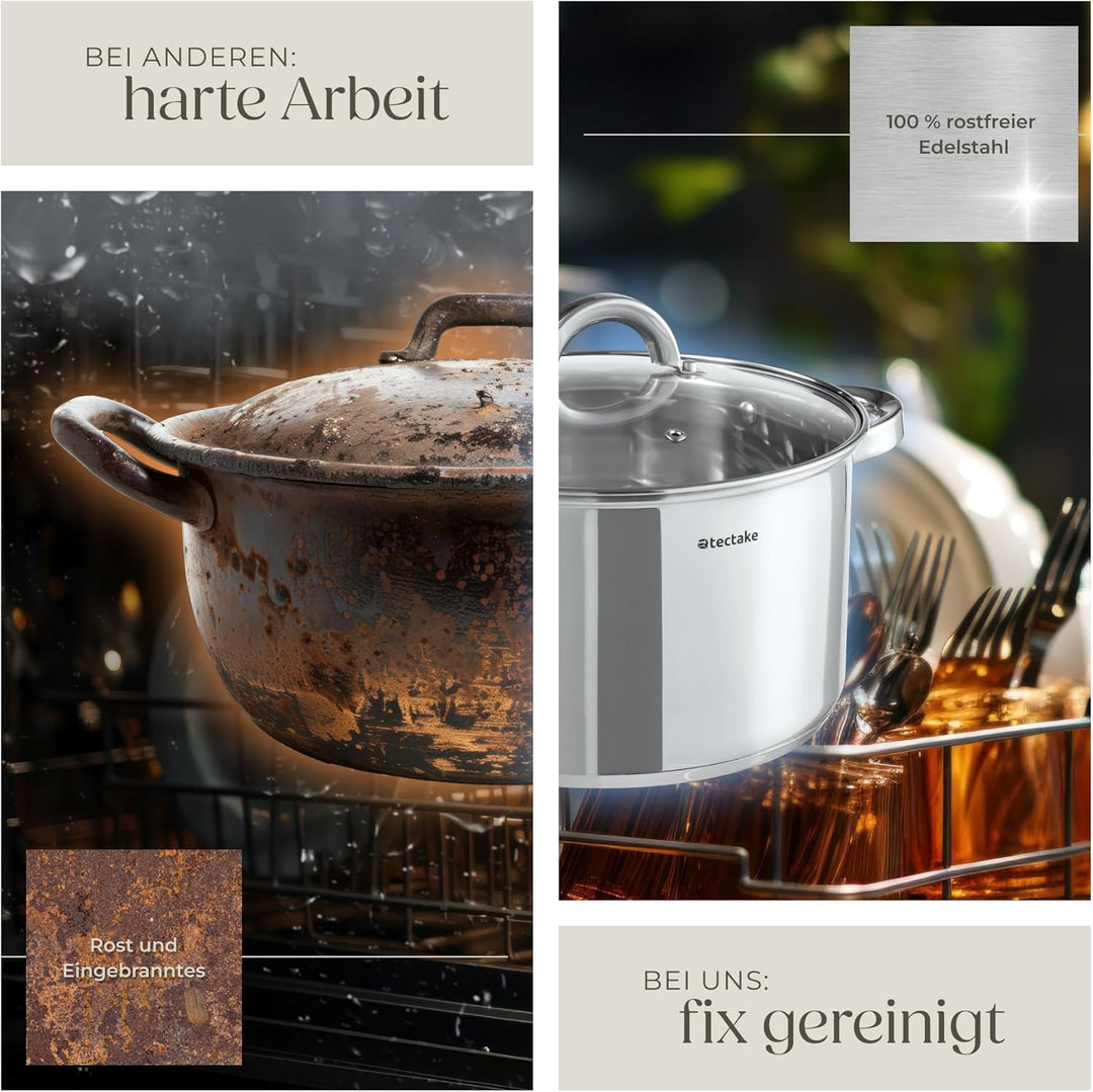 tectake® 15-tlg. Topfset, Edelstahl Kochgeschirr, Bratpfanne und Töpfe Set mit Deckel, Kochtopf Set
