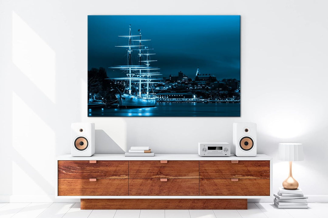 deyoli Segelboote im Hafen von Stockholm Format 80x60 Effekt: Monocrome Blau als Leinwandbild, Motiv