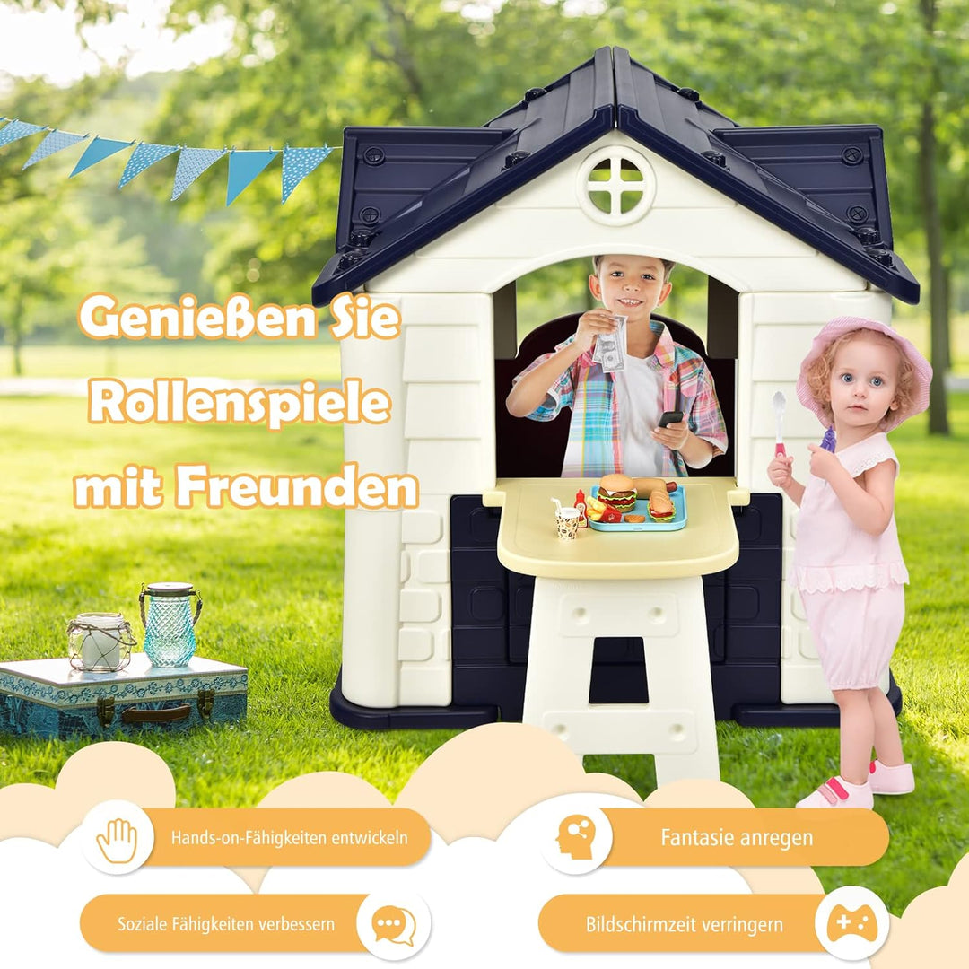 COSTWAY Kinder Spielhaus für bis zu 6 mit Pickniktisch, Türen und Fenstern, Kinderhäuschen Outdoor i