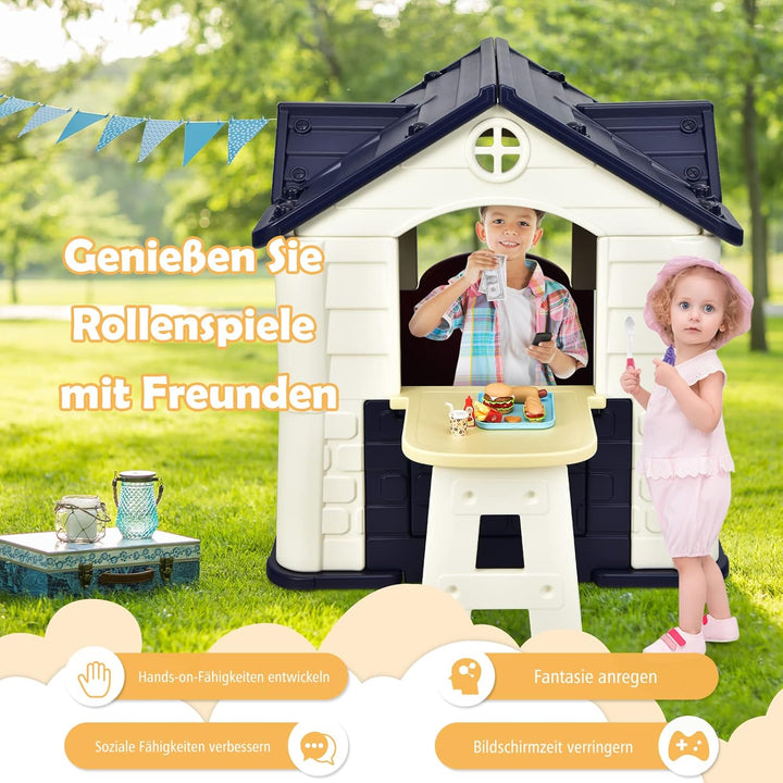 COSTWAY Kinder Spielhaus für bis zu 6 mit Pickniktisch, Türen und Fenstern, Kinderhäuschen Outdoor i
