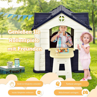 COSTWAY Kinder Spielhaus für bis zu 6 mit Pickniktisch, Türen und Fenstern, Kinderhäuschen Outdoor i