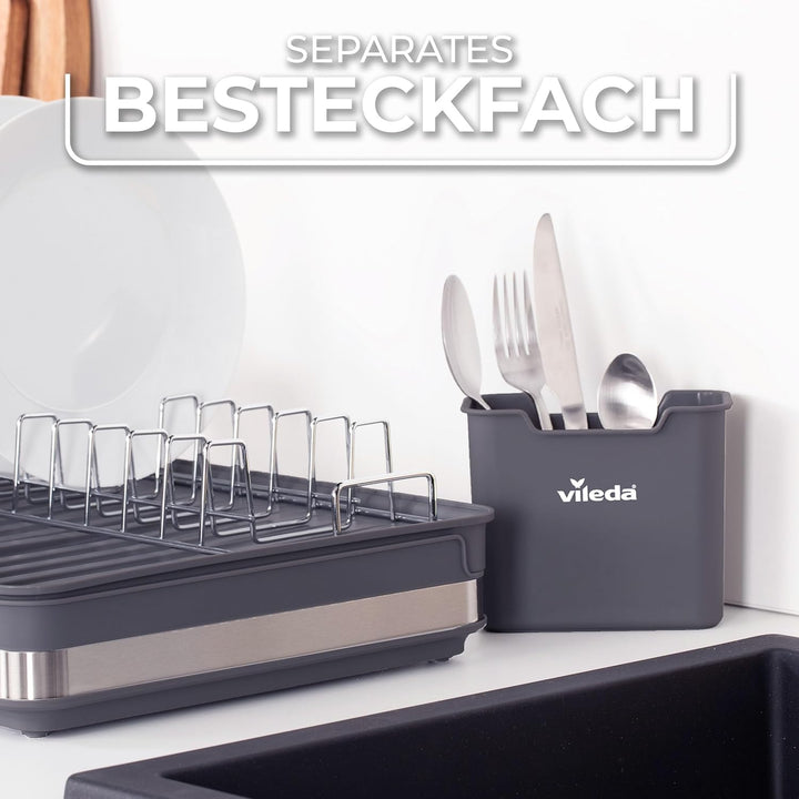 Vileda Abtropfgestell Geschirr - Platzsparendes Design mit Besteckhalter - Geschirrablage ausziehbar