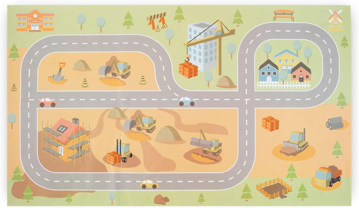 mamabrum, Baustelle aus Holz mit grossem Mobilkran und Fahrzeugen, Mobilkran, Strassenzapfen, Plattf