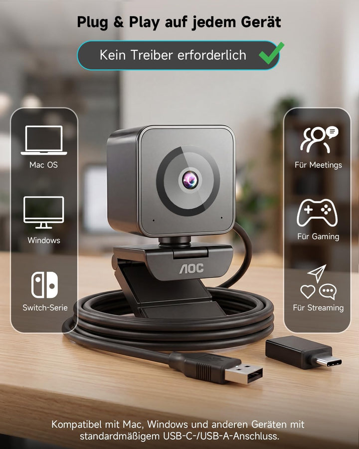 AOC UHD Webcam 4K, Webcam mit Objektivabdeckung & Dual Mikrofon, 75° Streaming Kamera mit Autofokus,