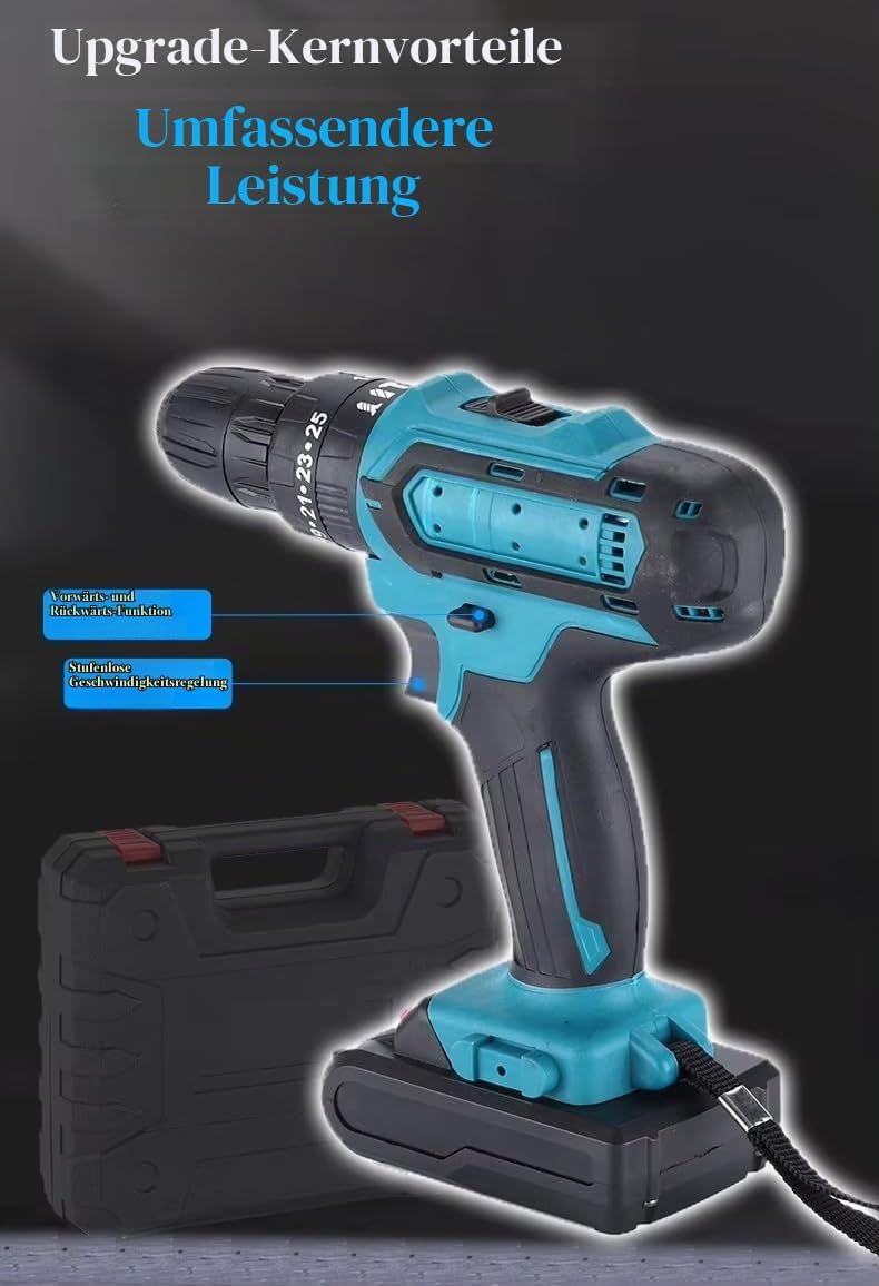 Kabelloser Bohrer-Treiber mit 2 21V 1200mAh Batterien, 40N.m Elektrobohrer Set 32 in 1, 25+3 Drehmom