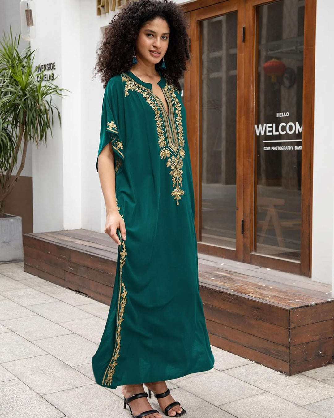 Bsubseach Damen Stickerei Kurzarm Bikini Strandkleid Side Split Beach Kaftan Kleid, S-Dunkelgrü