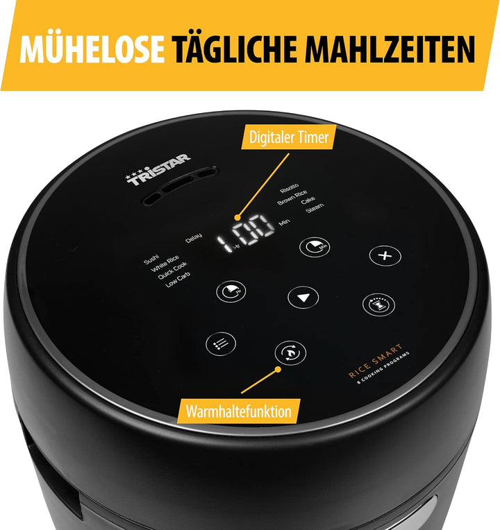 Tristar Digitaler Reiskocher mit Low-Carb-Funktion, 8 Automatikprogramme, 0,6 L Reis Kapazität, Digi