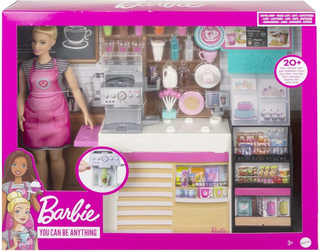 Barbie GMW03 - Naschcafé Spielset, kurviger Blonde (30,4 cm), +20 realistische Spielteile: Maschine,