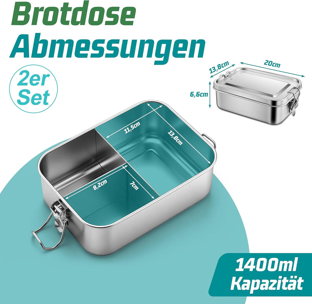 Homikit Brotdose mit Fächern 2er Set, 1400ml Edelstahl Lunchbox Bento Box Erwachsene, Auslaufsicher