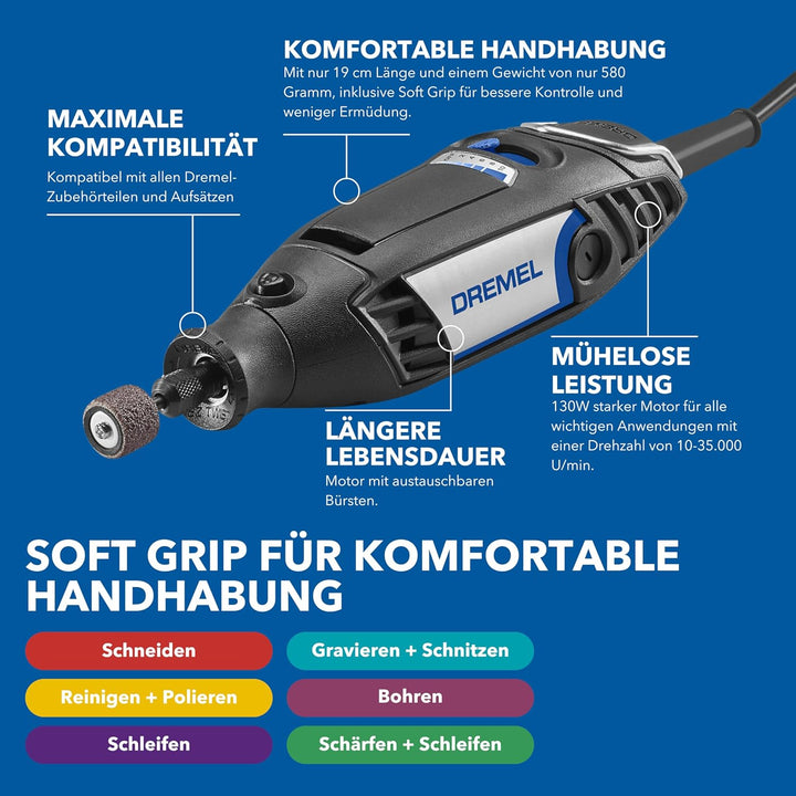 Dremel 3200 Multifunktionswerkzeug 130W, Mit 1 Aufsatz mit biegsamer Welle, 90 Zubehörteile, variabl