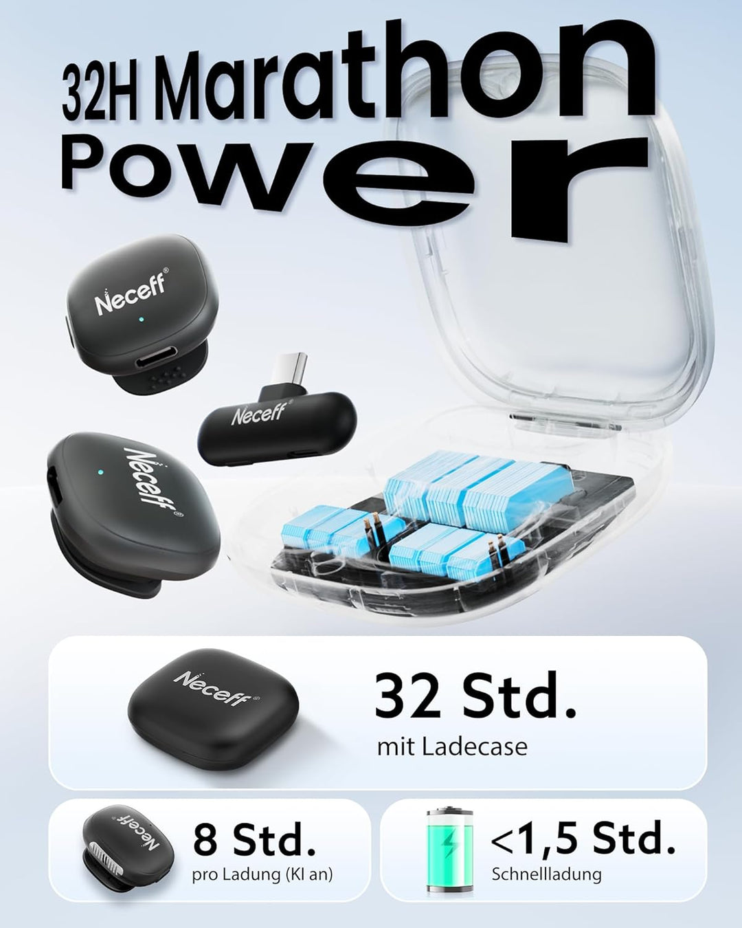 Mini Kabelloses Mikrofon, Wireless Lavalier Mic mit 48kHz/24Bit Hi-Fi Audio, 32H Dauer, 200m Reichwe