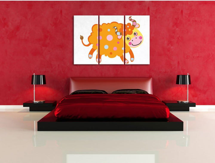 Pixxprint Niedliches Schaf mit Hörnern als Leinwandbild | Grösse: 3 Teilig (120x80) | Wandbild| Kuns