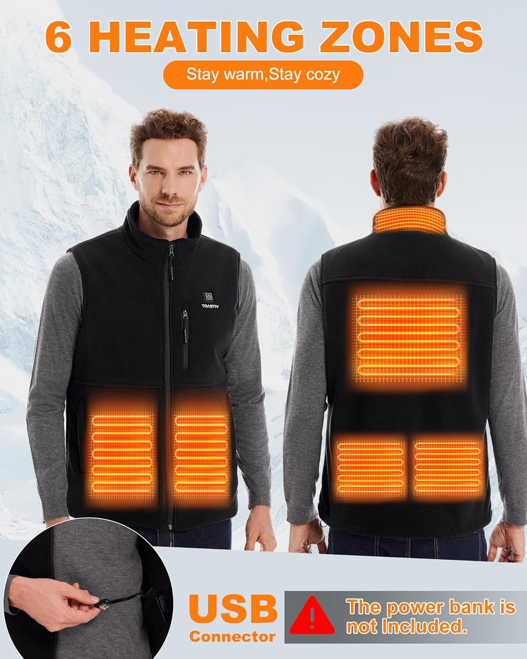 Beheizbare Weste, Polarfleece Heizweste Herren, Elektrische beheizte Weste mit 3 Temperaturen, 6 Hei