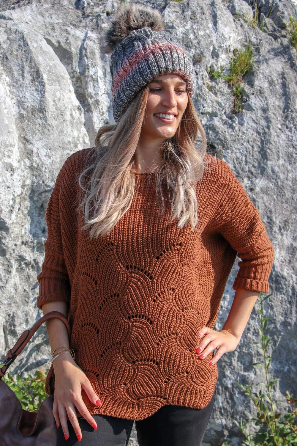 styleBREAKER Damen Oversize Strickpullover mit Ajourmuster und Langen Ärmeln, U-Boot Ausschnitt, Pon