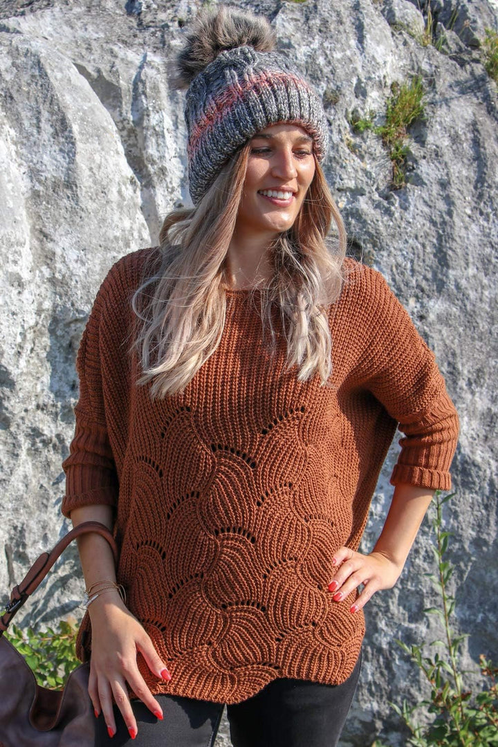 styleBREAKER Damen Oversize Strickpullover mit Ajourmuster und Langen Ärmeln, U-Boot Ausschnitt, Pon