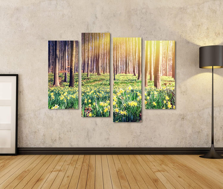 islandburner Bild auf Leinwand Frühling Wald Bedeckt Gelbe Narzissen Landschaft Bilder Wandbilder Po