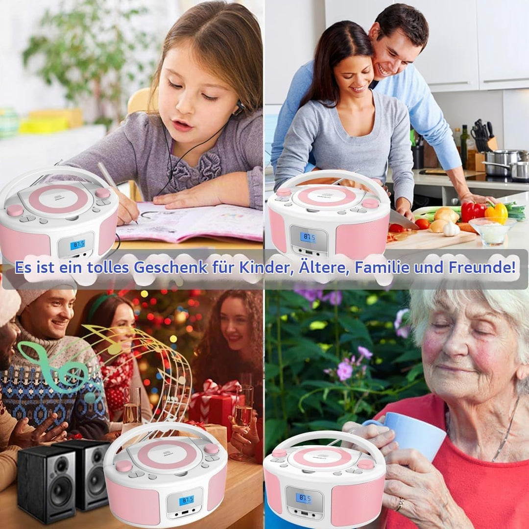 Tragbarer CD-Player Boombox mit Bluetooth | Fernsteuerung | FM-Radio | USB | MP3-Wiedergabe | Kompat