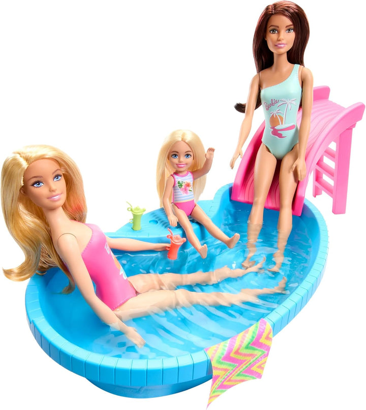 Barbie Puppe und Zubehör - Pool mit Rutsche und Accessoires für stundenlanges Spielvergnügen in der
