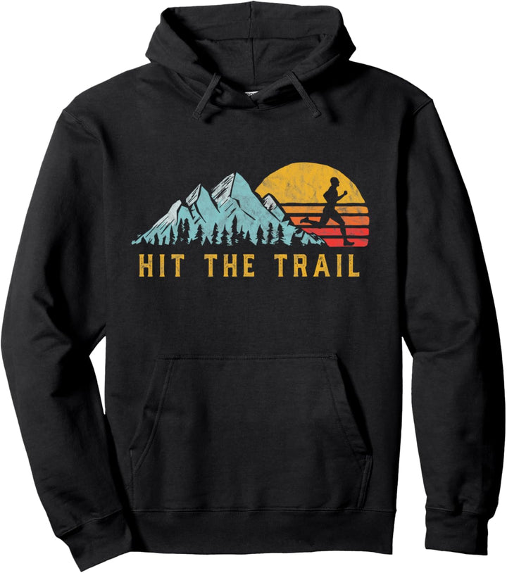 Hit the Trail, Runner - Retro Style Vintage Running Graphic Pullover Hoodie