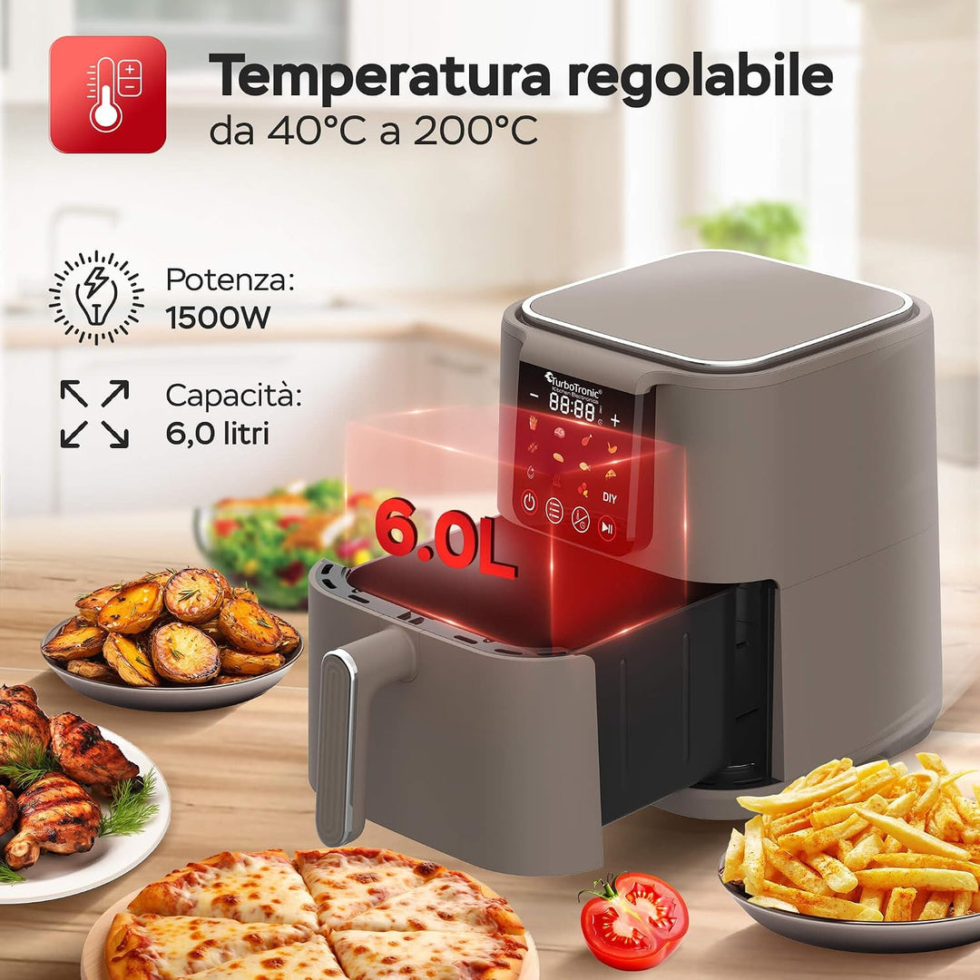 TurboTronic Heissluftfritteuse XL 6Liter 0,6kg Pommes mit Silikoneinlage 12 Programme digital Touch-