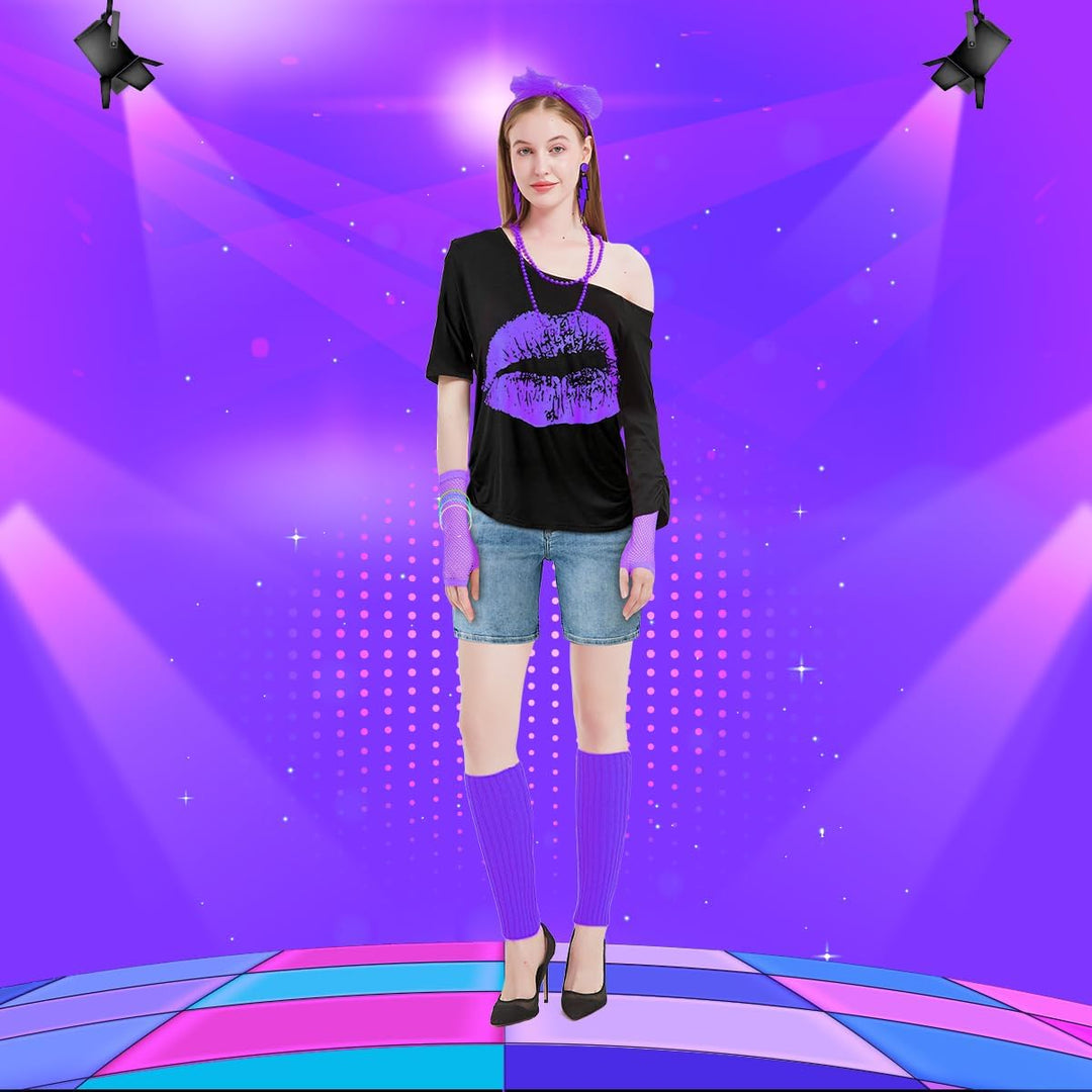WILDPARTY 80er 90er Jahre Outfit Damen, T-Shirt, Beinwärmer, Stirnband, Ohrring, Halskette, Netzhand