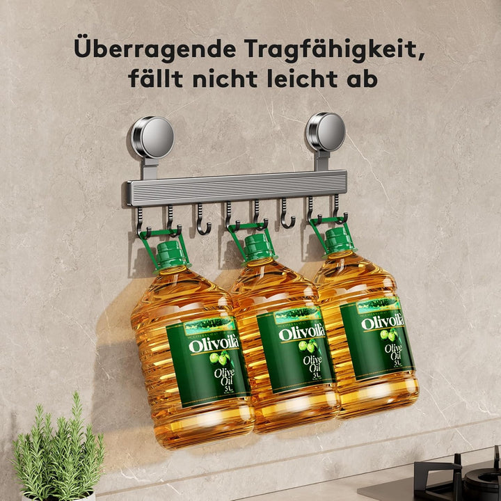 Hakenleiste Küche ohne Bohren mit Saugnapf | 8 Haken, 40 cm lang, 20 kg Tragfähigkeit, 1-Minuten-Ins