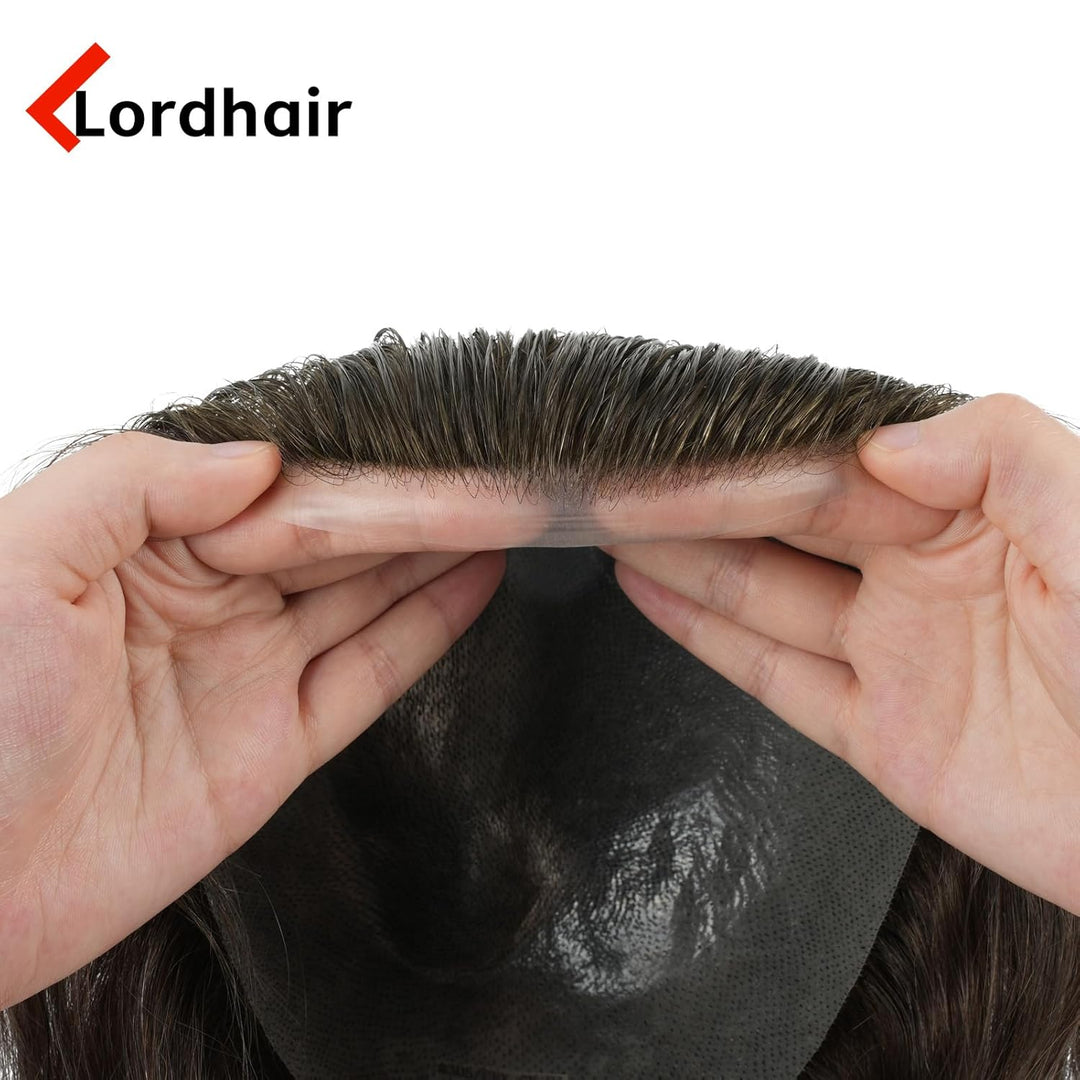 Lordhair Perücke für Herren, Toupet Herren aus natürlichem Echthaar, 0,08 mm vorn, 1/2 Zoll, V-loope