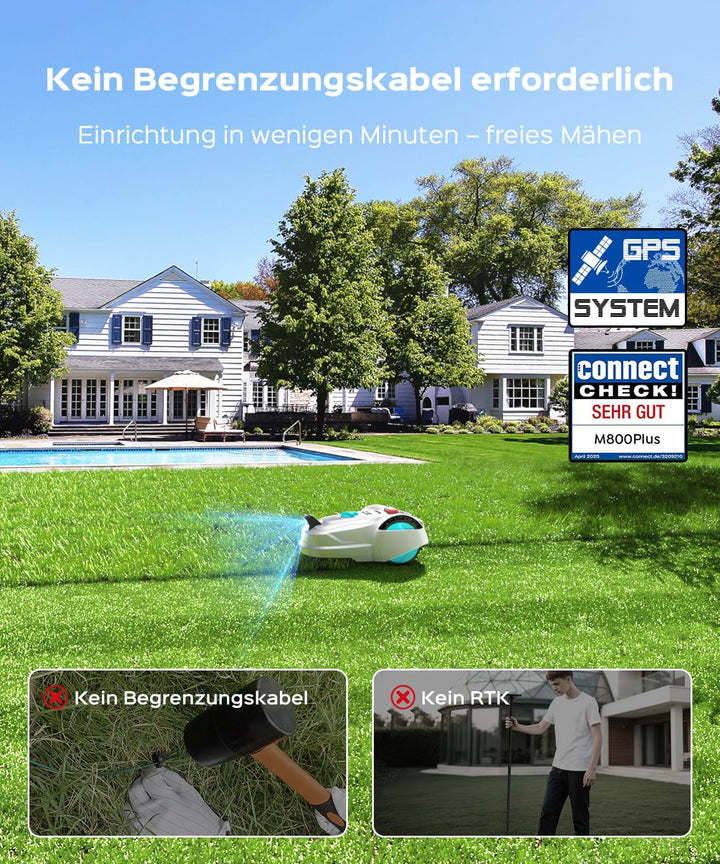 YARDCARE M800Plus Mähroboter ohne Begrenzungskabel,Max. 800 m²,GPS Positionierung+KI Vision,U-förmig