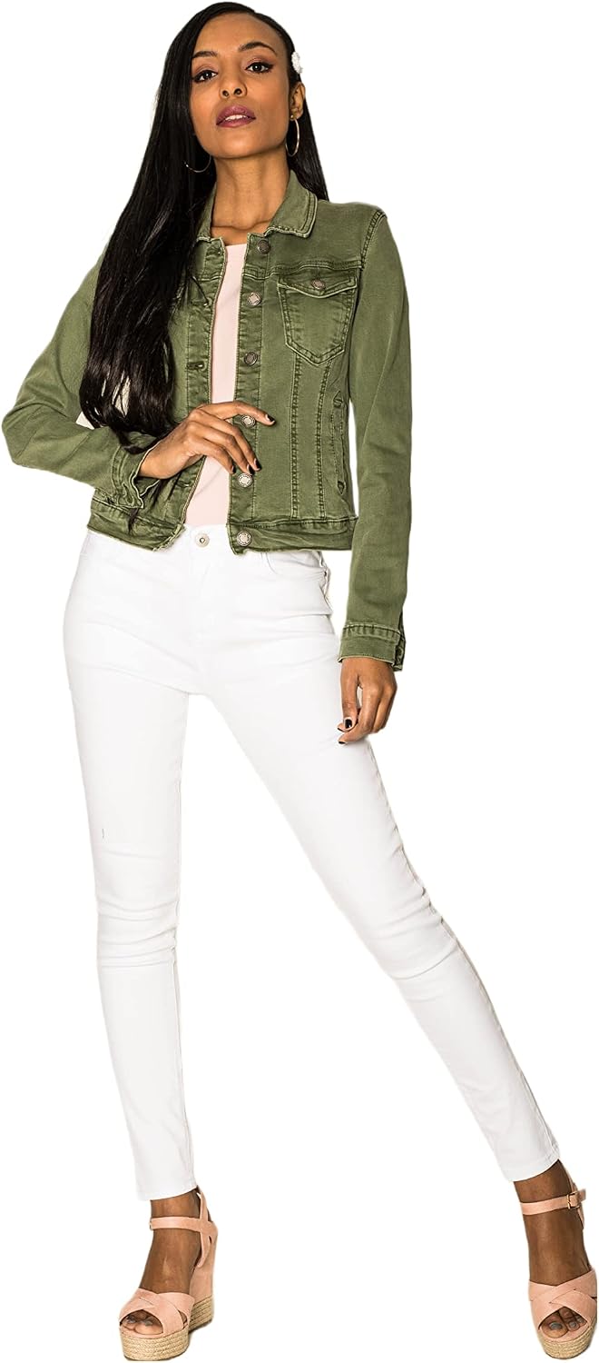 Nina Carter J212 Damen Jeansjacke Übergangsjacke Leichte Waschungseffekt Denim Casual Jacke M Khaki